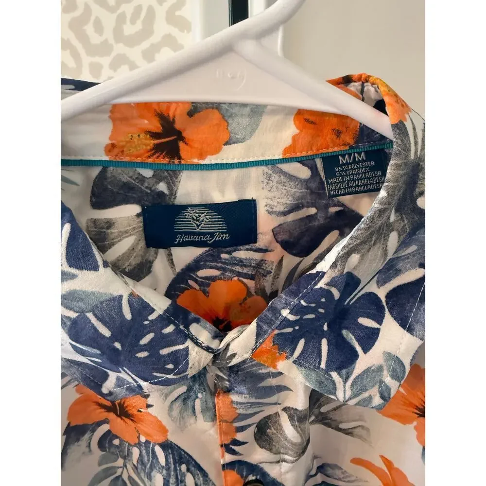 Havana Jim Men's White Blue Floral-Print Hawaiian Shirt Size M